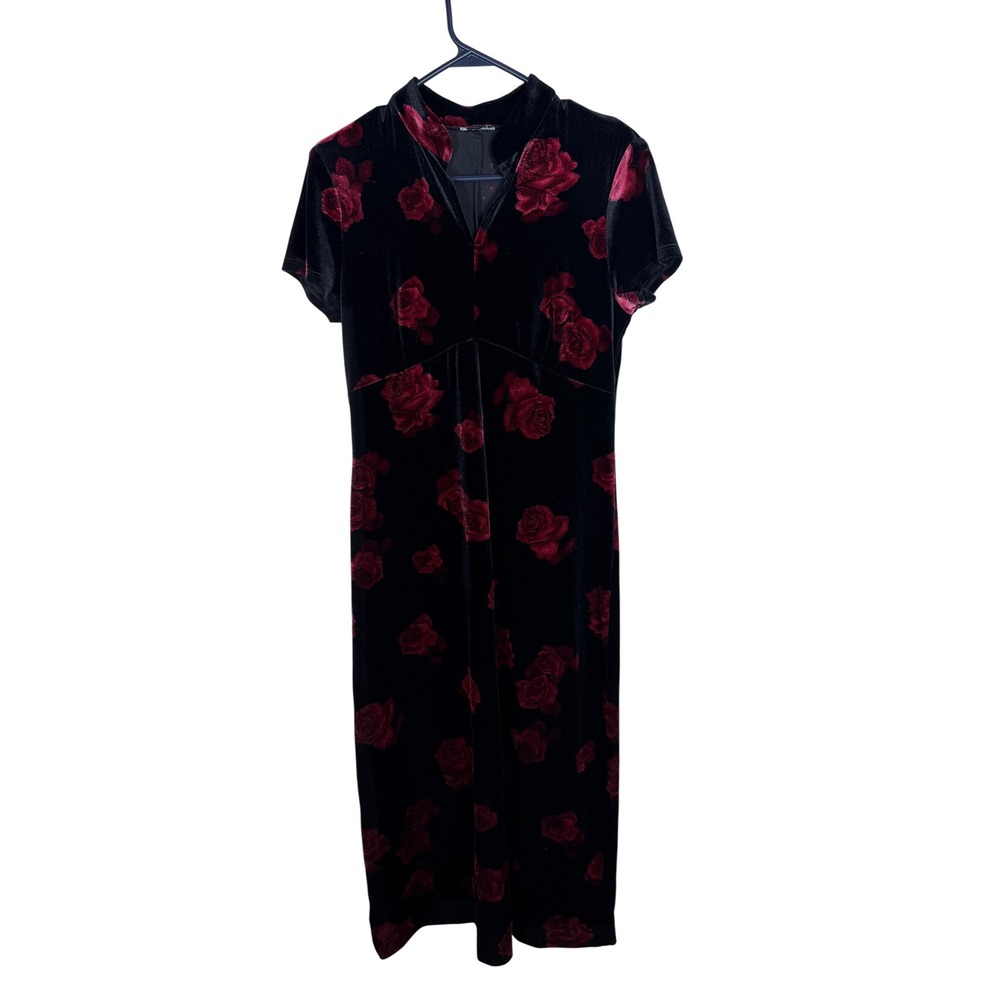 Vintage Black Velvet Red Rose Floral Maxi Dress Mandarin Collar 90s Goth Dress